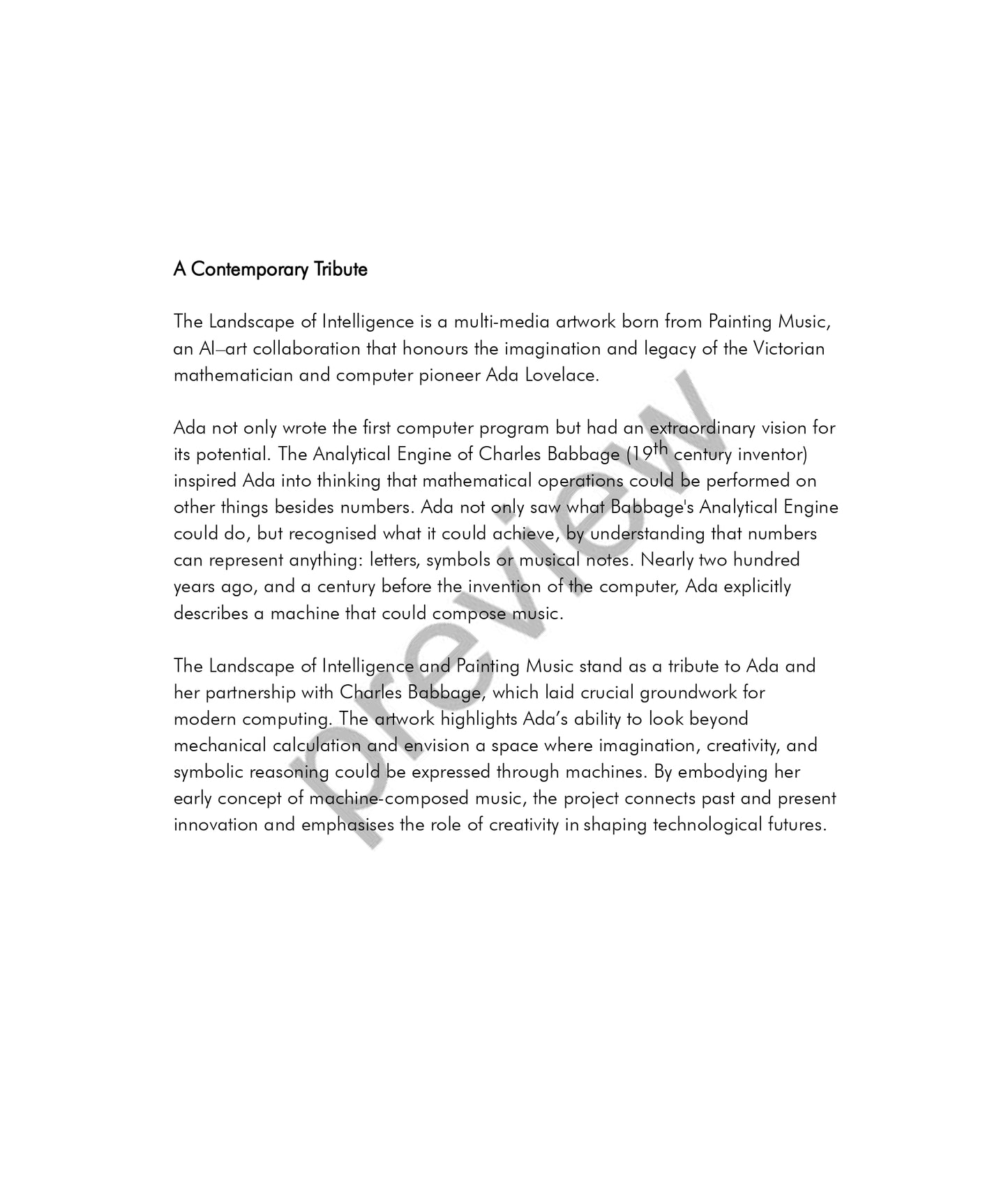 The Landscape of Intelligence - Tribute to Ada Lovelace -  Artist Booklet